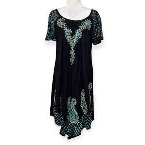 NWT ANJLI Blue Black Embroidered Paisley Size M Short Sleeve Festival Tunic